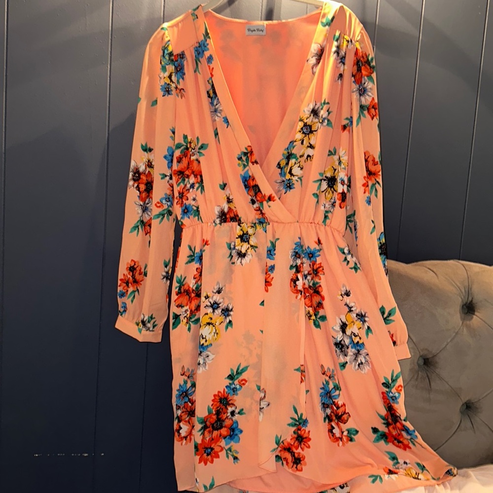 Brigitte Bailey Peach Floral Long Sleeve V-Neck Dress